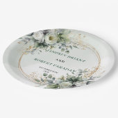 Boho Green Gold Personalisierte Eukalyptus-Hochzei Pappteller (Schrägansicht)