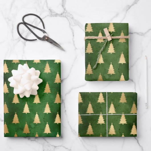 Boho Green Gold Trees Weihnachten Geschenkpapier Set (Vorderseite)