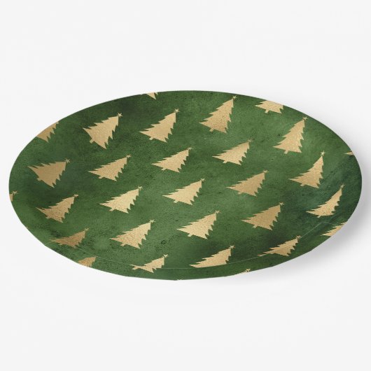 Boho Green Gold Trees Weihnachten Pappteller (Schrägansicht)