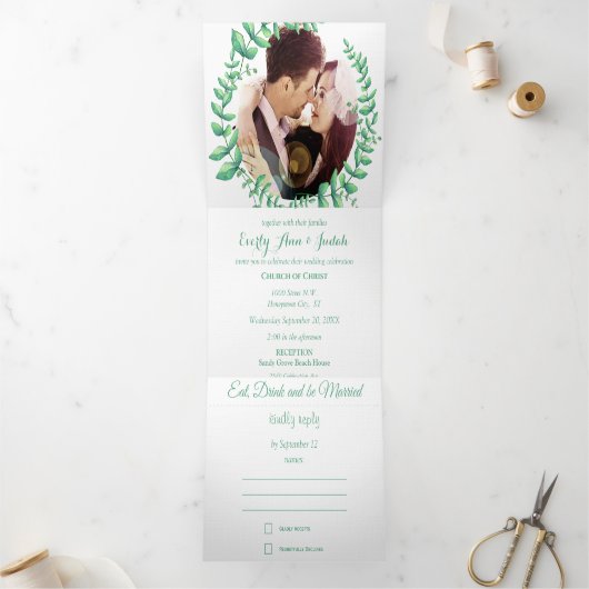 Boho Green Leaf Mint Green Ash Wreath Wedding Dreifach Gefaltete Einladung (Innenseite)