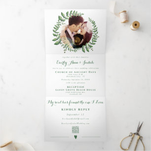 Boho Green Leaf Mint Green Ash Wreath Wedding Dreifach Gefaltete Einladung