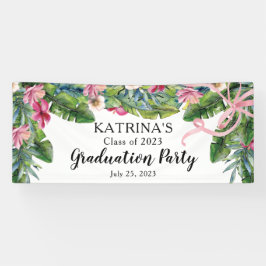 Boho Green Leaves | Pink Hibiscus Graduation Party Banner