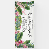 Boho Green Leaves | Pink Hibiscus Graduation Party Banner (Vertikal)