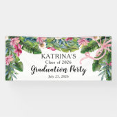 Boho Green Leaves | Pink Hibiscus Graduation Party Banner (Horizontal)