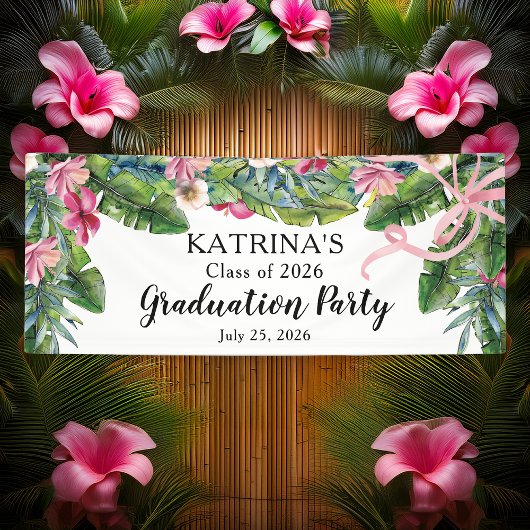 Boho Green Leaves | Pink Hibiscus Graduation Party Banner