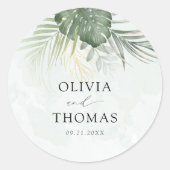 Boho Green Palms Coastal Wedding Runder Aufkleber (Vorderseite)