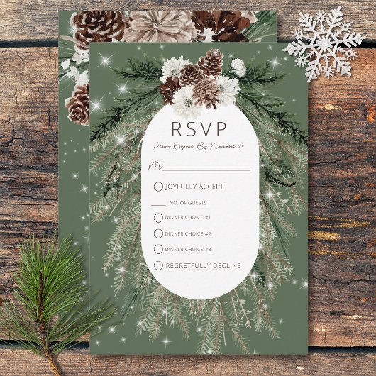 Boho Green Pine Winter Sparkone RSVP Karte