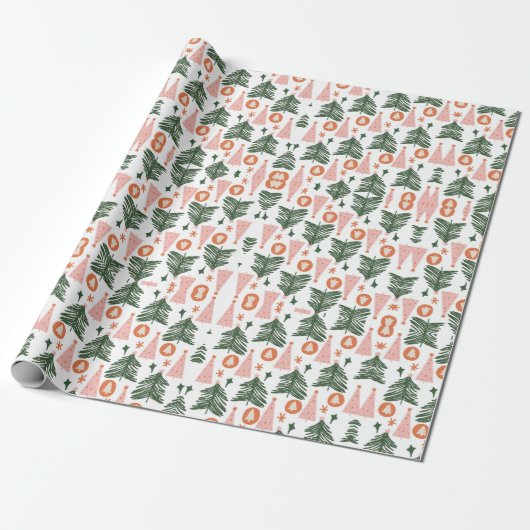 Boho Green Pink Orange Rustikale Weihnachtsbaumen Geschenkpapier (Ungerollt)