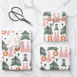 Boho Green Pink Orange Rustikale Weihnachtsbaumen Geschenkpapier Set
