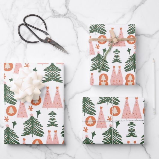 Boho Green Pink Orange Rustikale Weihnachtsbaumen Geschenkpapier Set (Vorderseite)