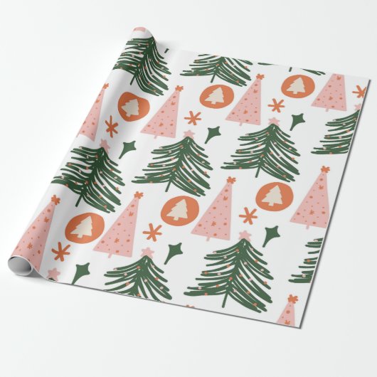 Boho Green Pink Orange Weihnachtsbaumen Geschenkpapier (Ungerollt)