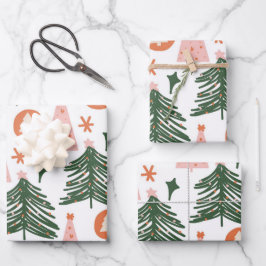Boho Green Pink Orange Weihnachtsbaumen Geschenkpapier Set