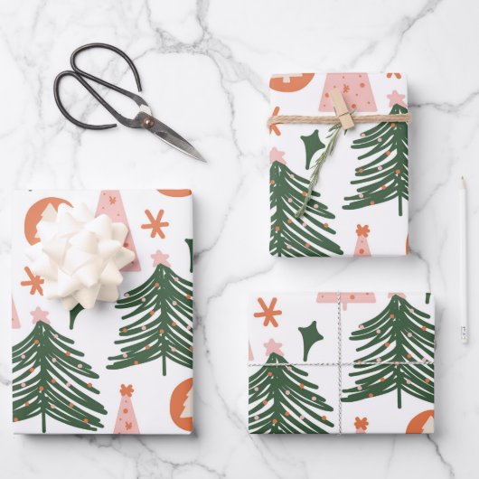 Boho Green Pink Orange Weihnachtsbaumen Geschenkpapier Set (Vorderseite)