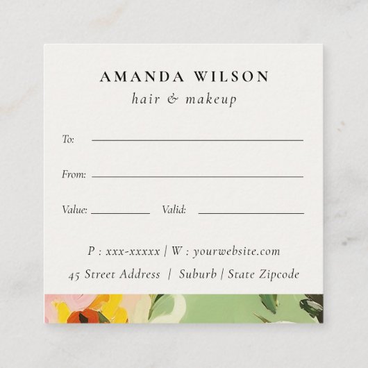 Boho Green Pink Painted Floral Geschenkgutschein Quadratische Visitenkarte (Rückseite)