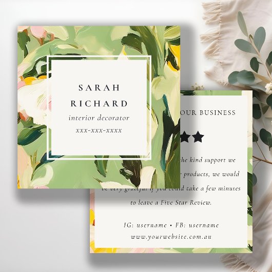 Boho Green Pink Painted Floral Review Request Quadratische Visitenkarte