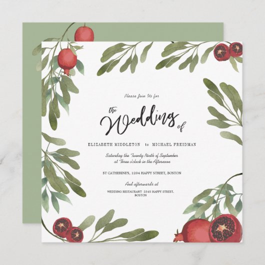 Boho Green Pomegranate Blätter Moderne botanische Einladung (Vorne/Hinten)