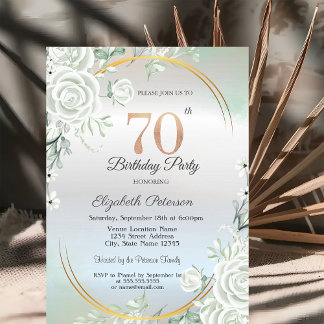 Boho Green Roses Silber 70. Geburtstag Einladung