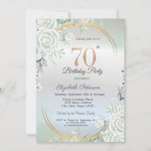 Boho Green Roses Silver 70th Birthday Einladung (Vorderseite)