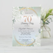 Boho Green Roses Silver 70th Birthday Einladung (Stehend Vorderseite)
