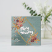 Boho Green Rot Floral Muster Happy Wedding Einladung (Stehend Vorderseite)
