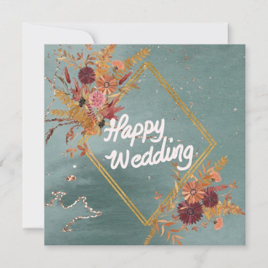 Boho Green Rot Floral Muster Happy Wedding Einladung (Vorderseite)