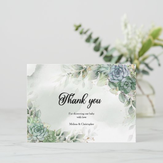 Boho green succultus eucalyptus Baby-Dusche Dankeskarte (Stehend Vorderseite)