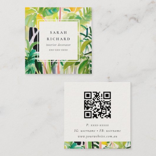 Boho Green Tropical Leaf Foliage Botanical QR Code Quadratische Visitenkarte (Vorne/Hinten)