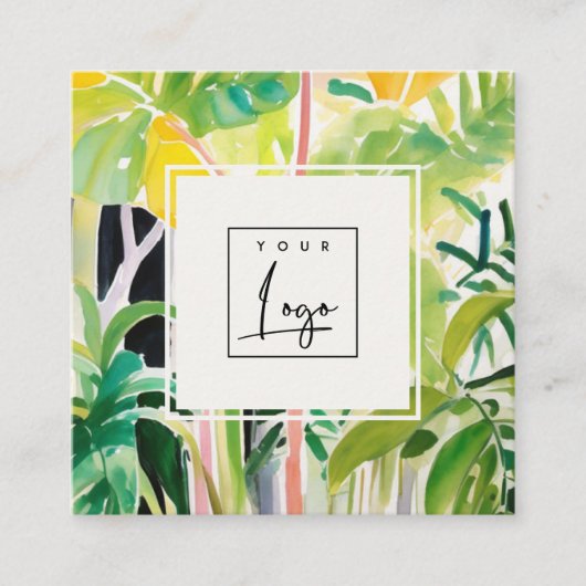 Boho Green  Tropical Leafy Foliage Botanical Logo Quadratische Visitenkarte (Vorderseite)