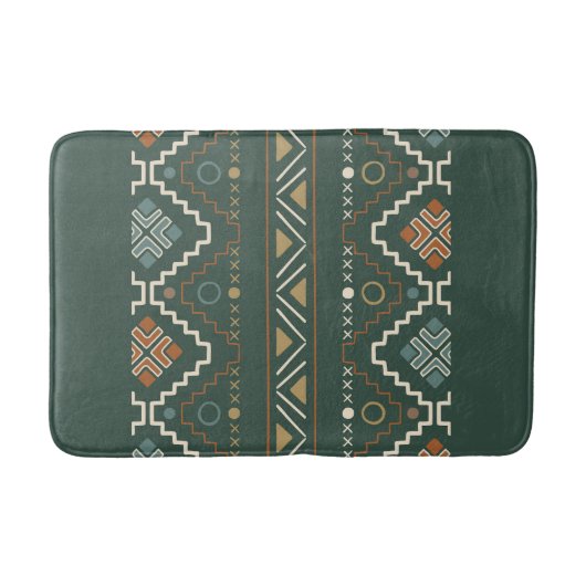 Boho Green und Terracotta Brown Tribal Muster Badematte (Vorderseite)