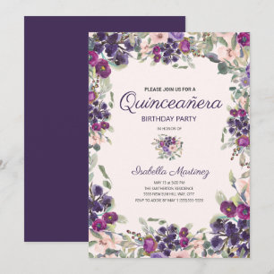 Boho Green Verlasse Lila Pink Floral Quinceañera Einladung