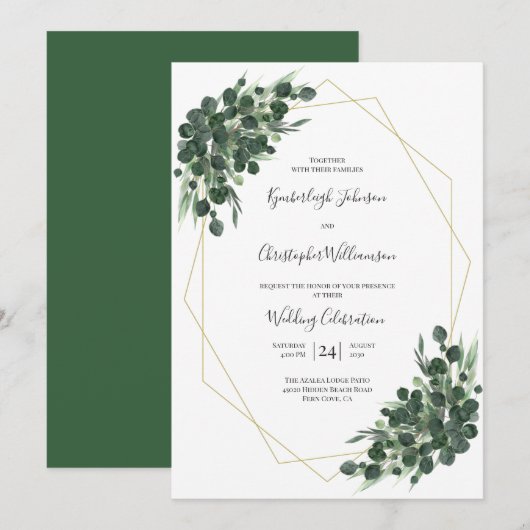 Boho Green Watercolor Eucalyptus Geometric Wedding Einladung (Vorne/Hinten)
