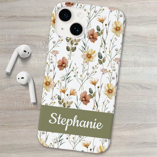 Boho Green Watercolor Wildflower Name Case-Mate iPhone Hülle