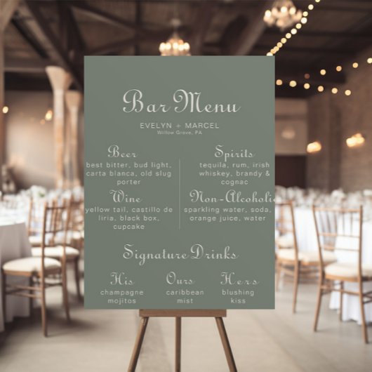 Boho Green Wedding Bar Menu Poster