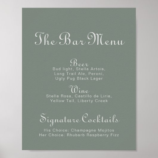 Boho Green Wedding Bar Menu Poster (Vorne)