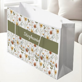 Boho Green Wildflower Watercolor Monogram Name Große Geschenktüte