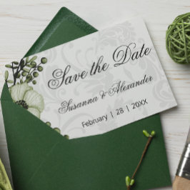 Boho Green Wreath and Damask Wedding Save the Date Ankündigungspostkarte
