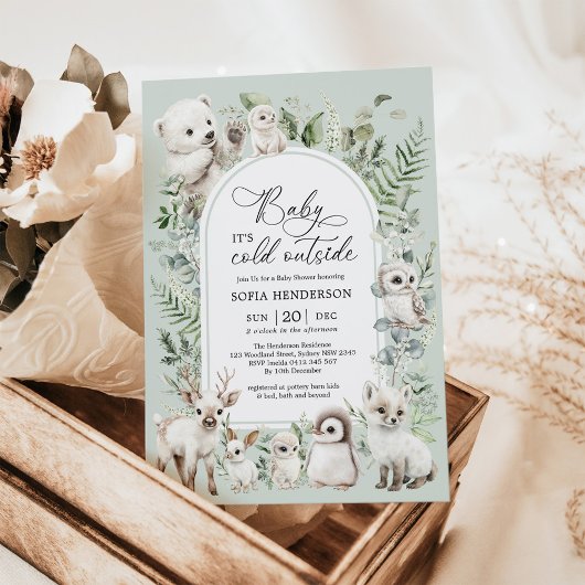 Boho Greenery Arctic Animals Winter Baby Shower Einladung