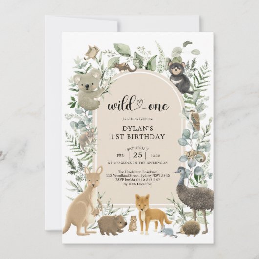 Boho Greenery Australian Animals Wild One Birthday Einladung (Vorderseite)