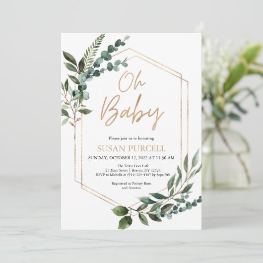Boho Greenery Baby Shower Einladung (Stehend Vorderseite)
