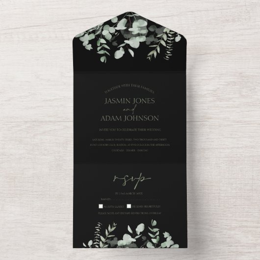 Boho Greenery Black Eucalyptus Wedding All In One Einladung (Innen Boden)