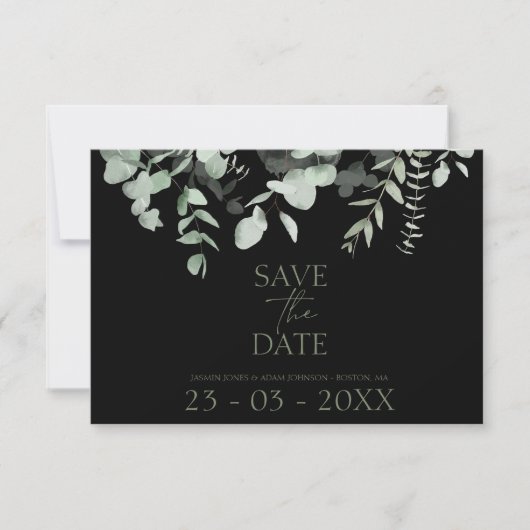 Boho Greenery Black Eucalyptus Wedding Date Card (Vorderseite)