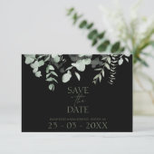 Boho Greenery Black Eucalyptus Wedding Date Card (Stehend Vorderseite)