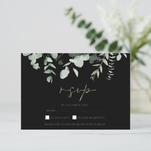 Boho Greenery Black Eucalyptus Wedding RSVP (Stehend Vorderseite)