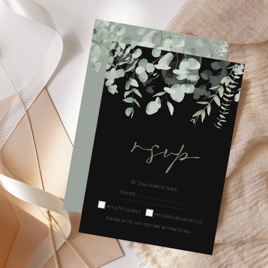 Boho Greenery Black Eucalyptus Wedding RSVP Karte