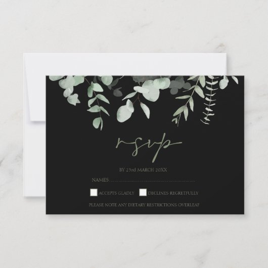 Boho Greenery Black Eucalyptus Wedding RSVP Karte (Vorderseite)