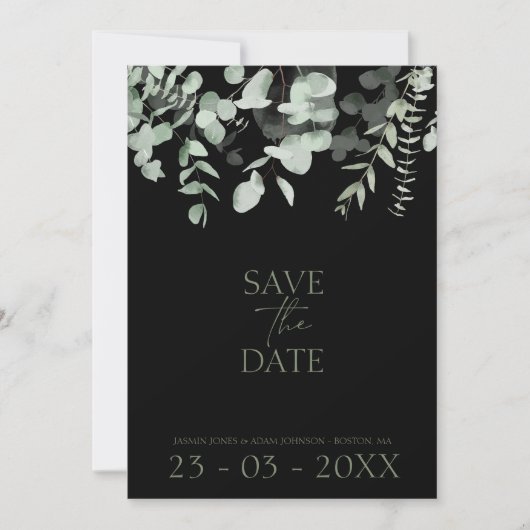 Boho Greenery Black Eucalyptus Wedding Save The Date (Vorderseite)