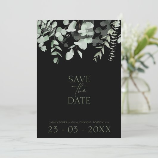Boho Greenery Black Eucalyptus Wedding Save The Date (Stehend Vorderseite)