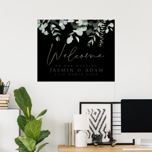 Boho Greenery Black Eucalyptus Wedding Sign Poster (Heimbüro)