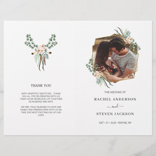 Boho Greenery Blätter Foto Wedding Folded Program (Vorderseite)