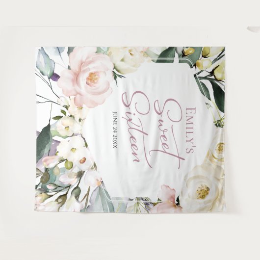 Boho Greenery Blumenrahmen Sweet 16 Backdrops Wandteppich (Vorderseite (Horizontal))